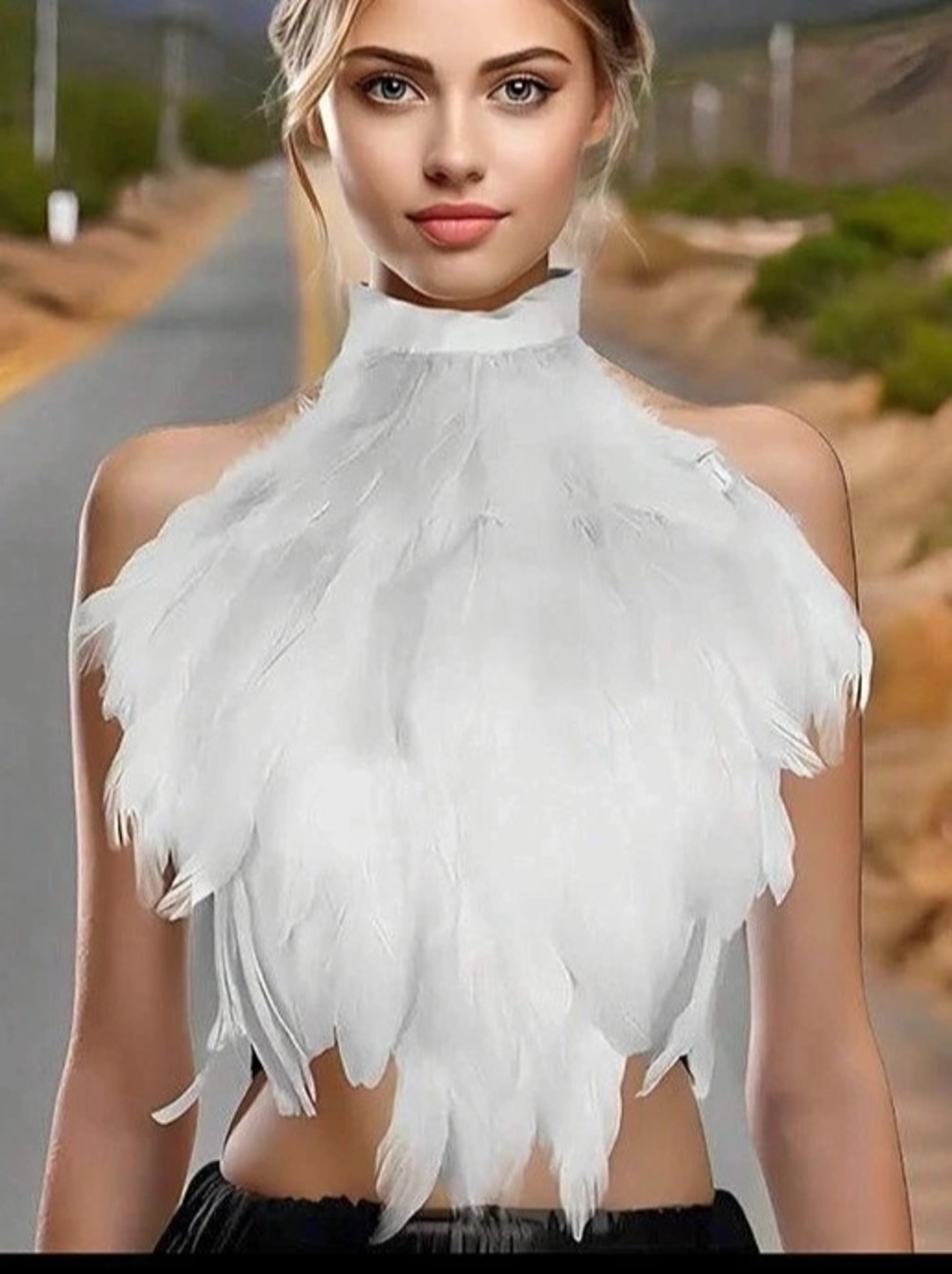 Feathered Halter Collar Necklace Top in White
